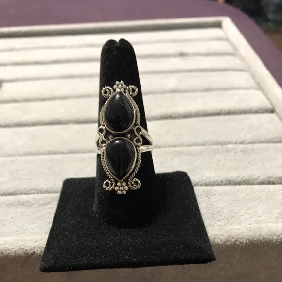 New Genuine Sterling Silver Black Onyx Double Stone Ring Size 8.5-8.75 Crystal - Picture 9 of 16
